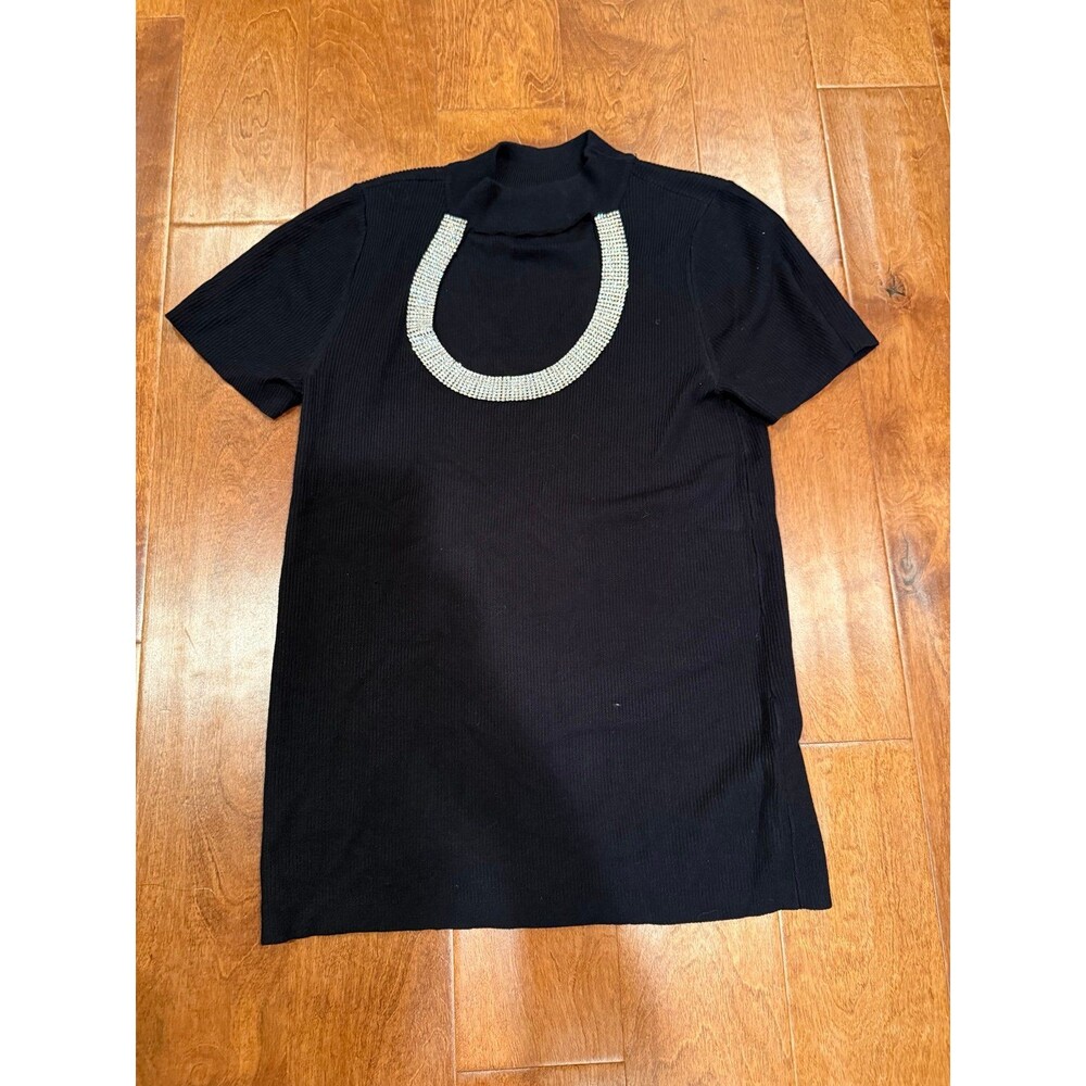 Venus medium black sweater top with rhinestone collar